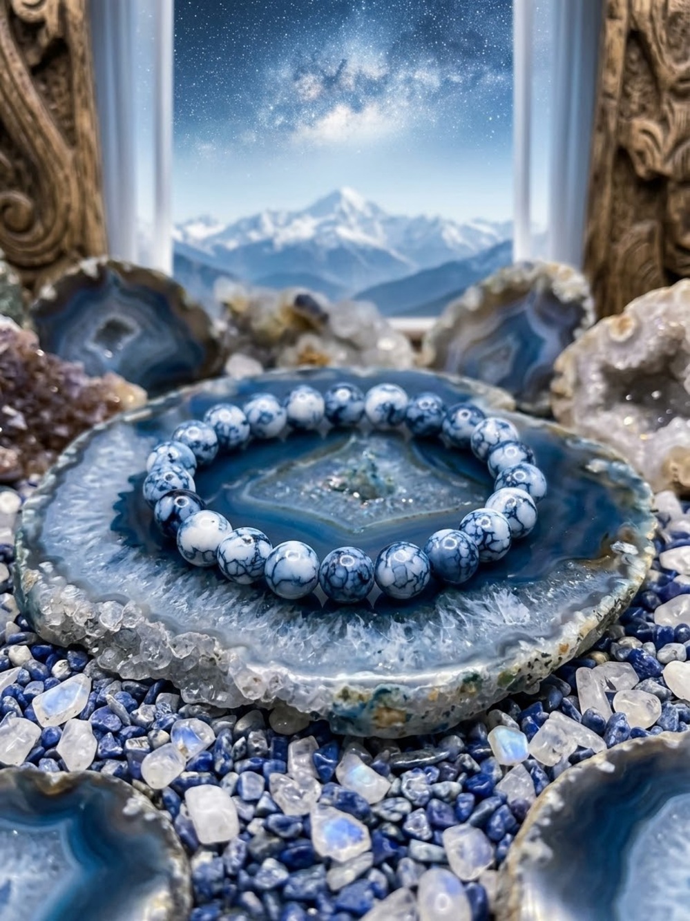Handcrafted Blue Spiderweb Jasper Beaded Bracelet Dragon Vein Agate Crystal